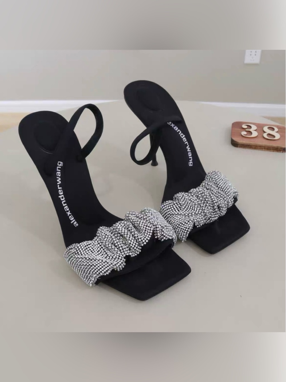 Alexander Wang Black Heeled Sandals with Crystal-Embellished Ruched Strap